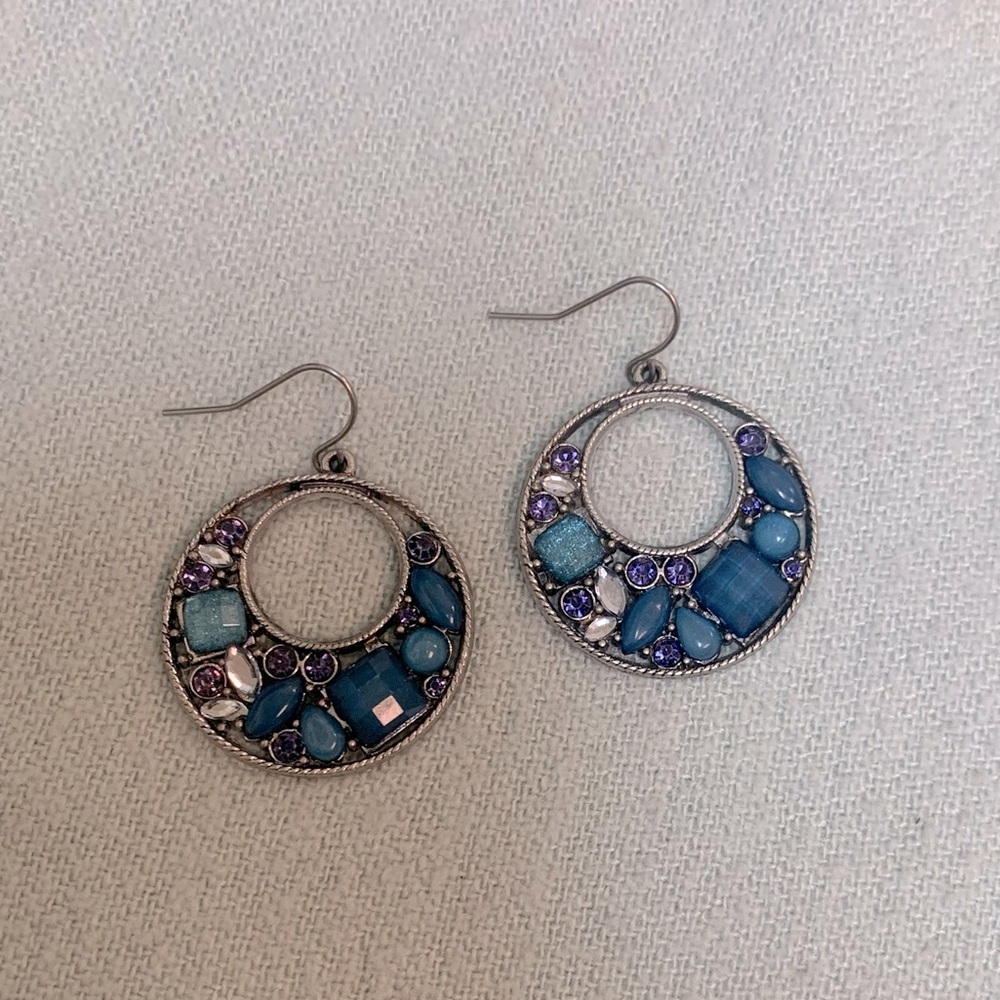 Blue and Purple Beaded Earrings on Silver